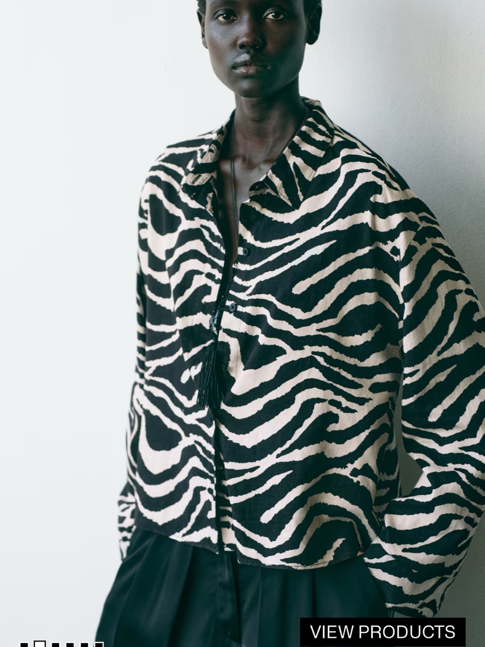 H&M Zebra-Print Button Down Shirt in Black & Cream - Picture 2 of 7